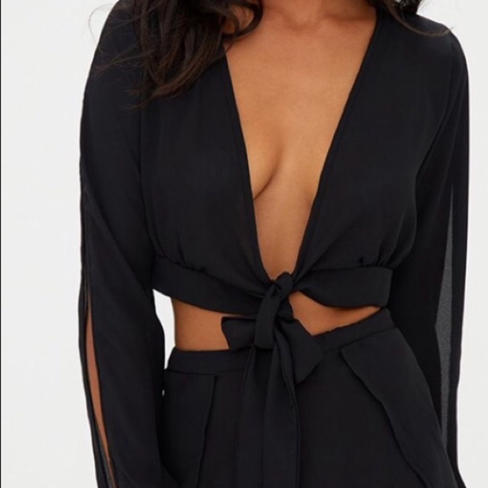Black Sheer Woven Open Sleeve Tie Front Top
